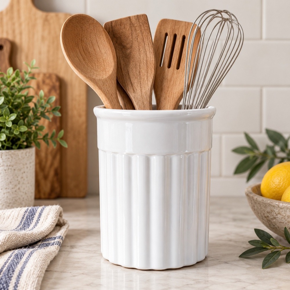 White Ceramic Utensil Crock Fluted Ribbed French Country Cottage Kitchen 7.5"